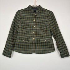 Talbots Women Blazer 6P Green Blue Plaid Wool Blend Gold Button Tweed Jacket