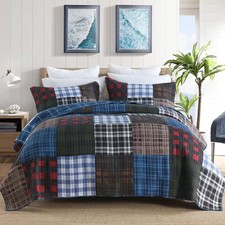 Quilt Set King Size, Cotton Patchwork Blue Black Checkered Patterns Quilt Set...