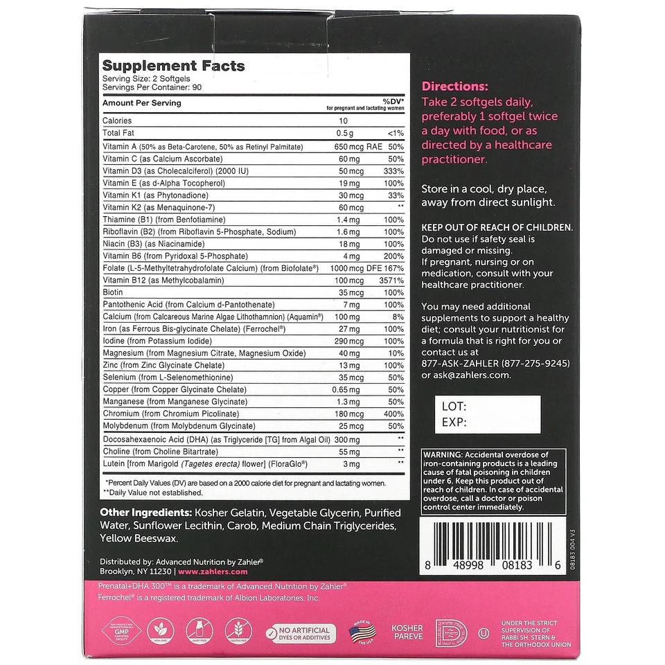 Zahler Prenatal DHA 300 180 cápsulas blandas sin gluten, calidad GMP asegurada, kosher Foto 2 de 3
