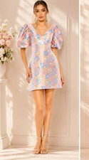 NWT Mac Duggal 49622 Pink Floral Brocade Puff Sleeve Mini Dress Size 12