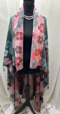Pashmina 100 Cashmere Reversible Floral Shawl Wrap Green Pink Fringe