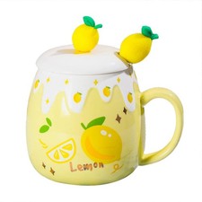 Ceramic Lemon Coffee Mug Water Cup with Lid and Spoon Cute Fruit Design
