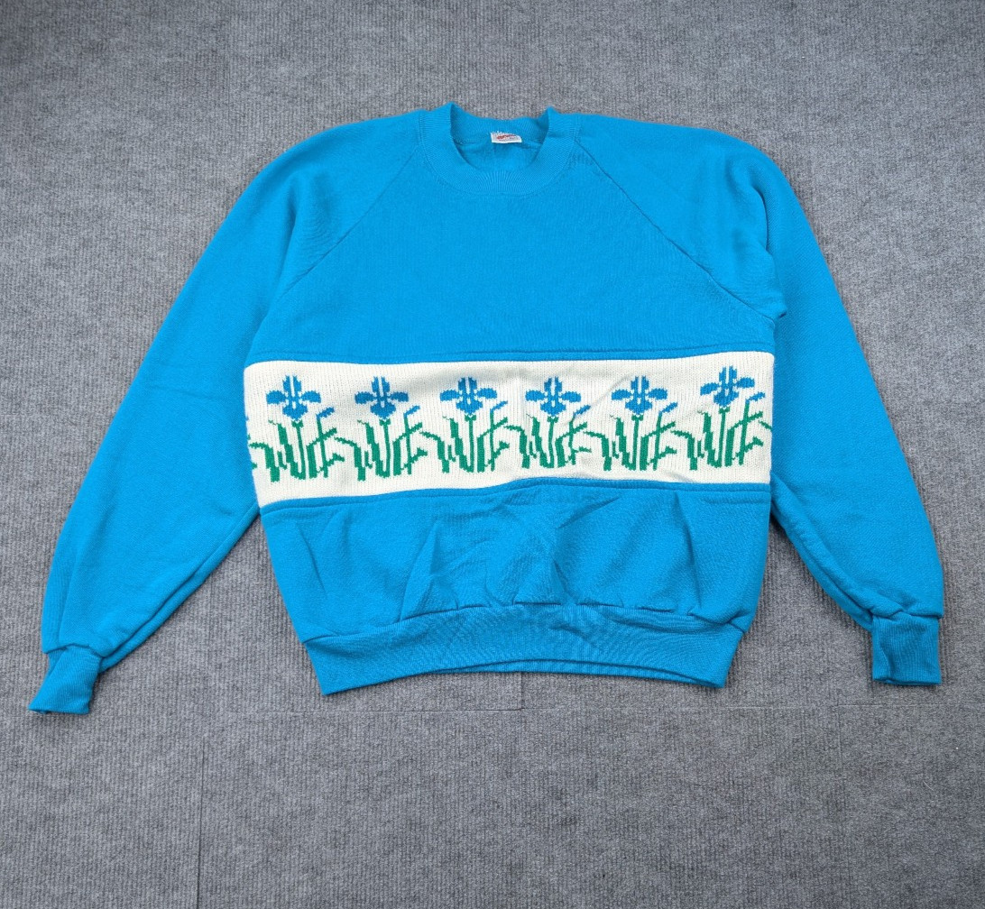 Vintage Cross Stitch Style Sweatshirt Womens Large Floral Knit Retro Mod Cottage