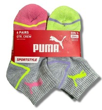 PUMA SOCKS GIRLS X6 - QUARTER CUT 253 - GRACE PINK LIME- SMALL SHOE 4-8.5 6 PACK