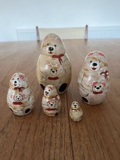 Vintage Wooden Hand Painted Teddy Bear Russian Nesting / Stacking Dolls