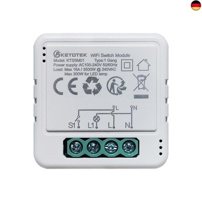 KETOTEK Smart Relais Schalter WLAN 1 Kanal 16A Kompatibel mit Alexa, Smarter