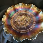 VINTAGE DUGAN TULIP  & DAISY ANTIQUE CARNIVAL ART GLASS RUFFLED BOWL FOOTED