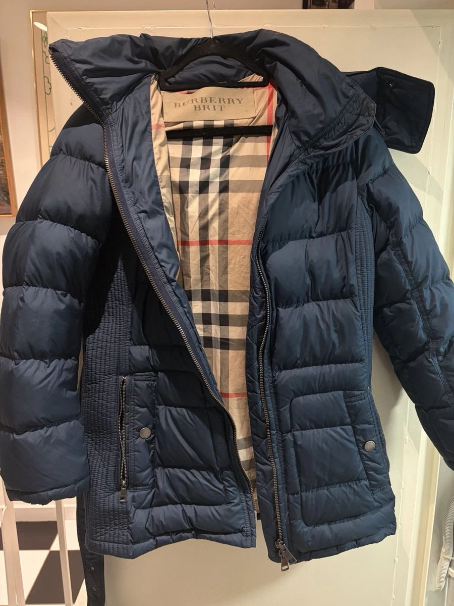 Abrigo acolchado Burberry Brit para mujer Winterley azul con cinturón y capucha forrado a cuadros M