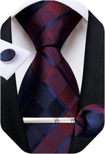 Plaid Ties for Men Silk Checkered Necktie and Pocket Square Cufflinks Tie Clip S