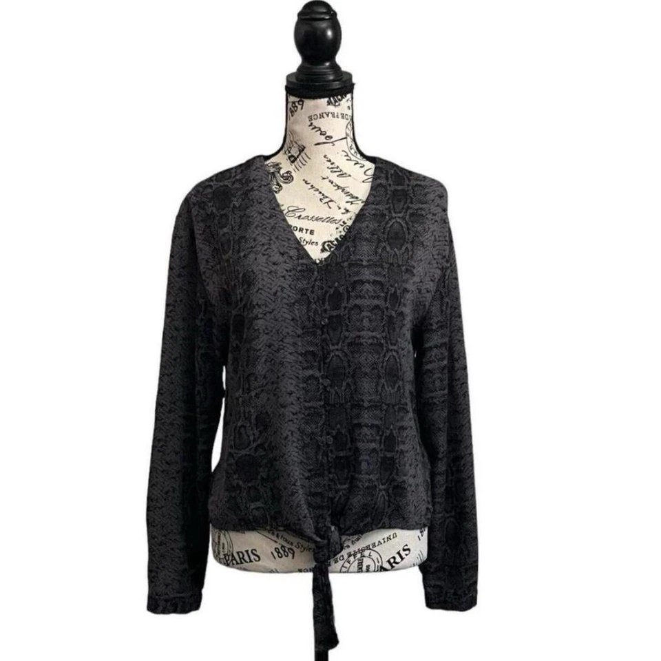 C&C California Black Snake Print V-Neck Button Front Tie Hem Blouse Women’s S - Image 2 of 4