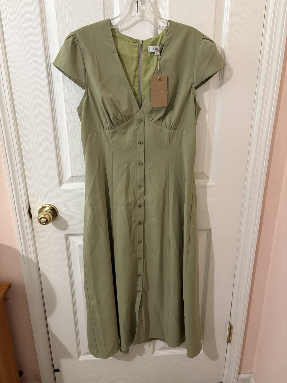 Rihoas Green V Neck Button A-Line Midi Dress NWT Women’s Size M