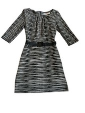 Trina Turk Gray Black Striped Round Neck 3/4 Sleeve Belted Dress Party Work Sz 2