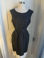 CALVIN KLEIN BLACK WITH WHITE BOTTOM LINEN BLEND FIT & FLARE BELTED DRESS-SIZE10