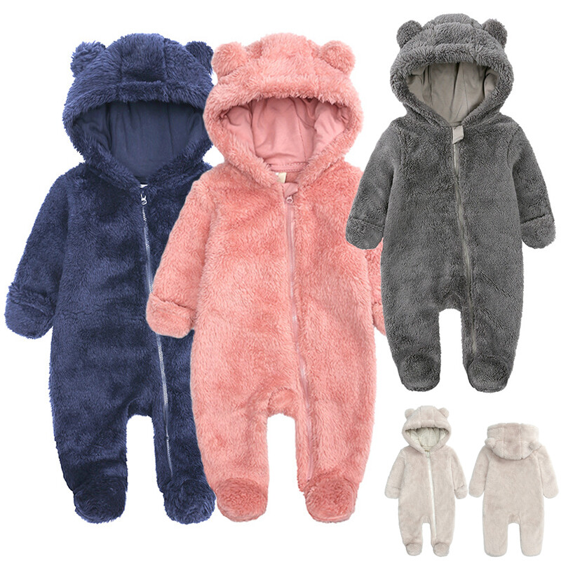Newborn Baby Romper Jumpsuit Boy Girls Bear Hooded Zip Bodysuit Clothes  Outfits