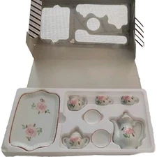 ◇Andrea by Sadek Mini Tea Set Pink White Floral Miniature 10 pc Orig Box
