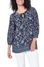 Susan Graver Printed Woven Tie-Neck Peasant Tunic Navy/Blue