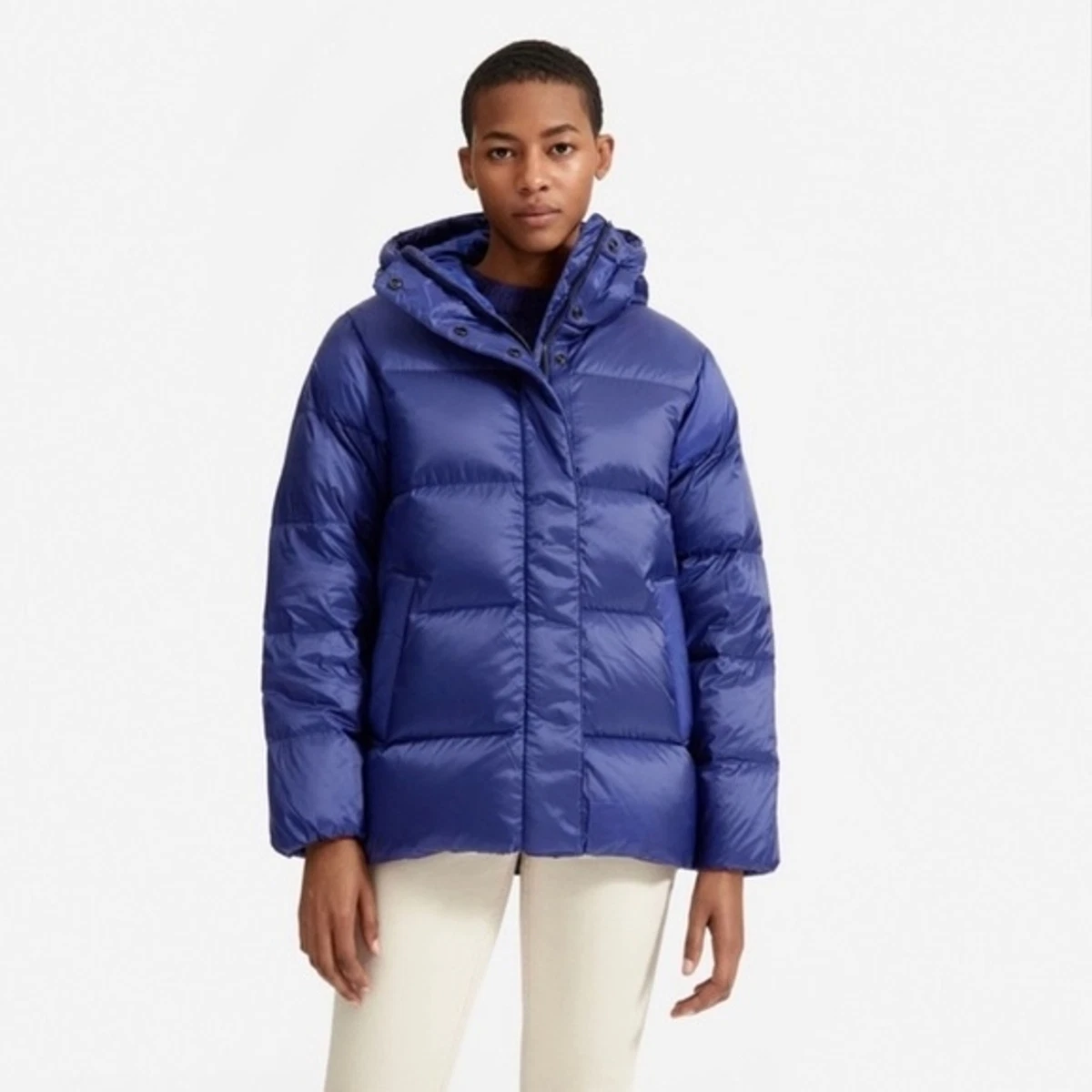 Everlane Puffer Coat S ReNew Redown Jacket Pocket Recycle Blue Hood Zipper