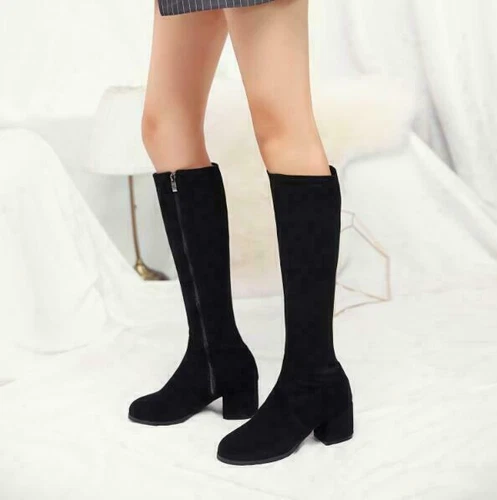 Mujeres Moda Elástico Hasta la Rodilla Bota de Montar Cremallera Lateral Zapatos Imitación Gamuza Tacón Bloque - Imagen 13 de 15