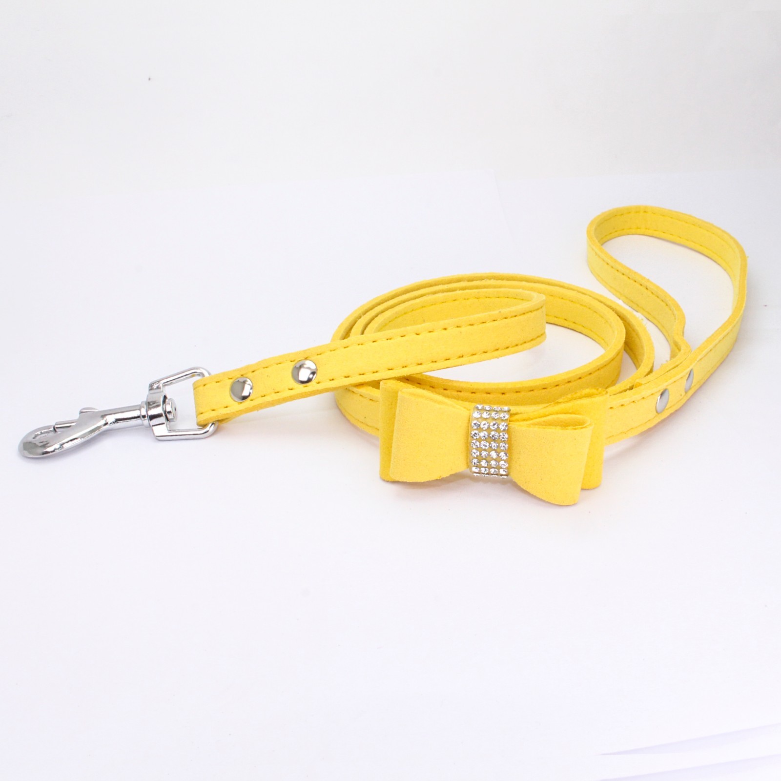 Suede Leather Dog Collar Leads Rhinestone Diamante Soft Bow Tie Cat