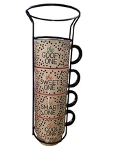 American Atelier Set of 4 Cute Labeled Black Dots Coffee Mugs w/ Metal Stand