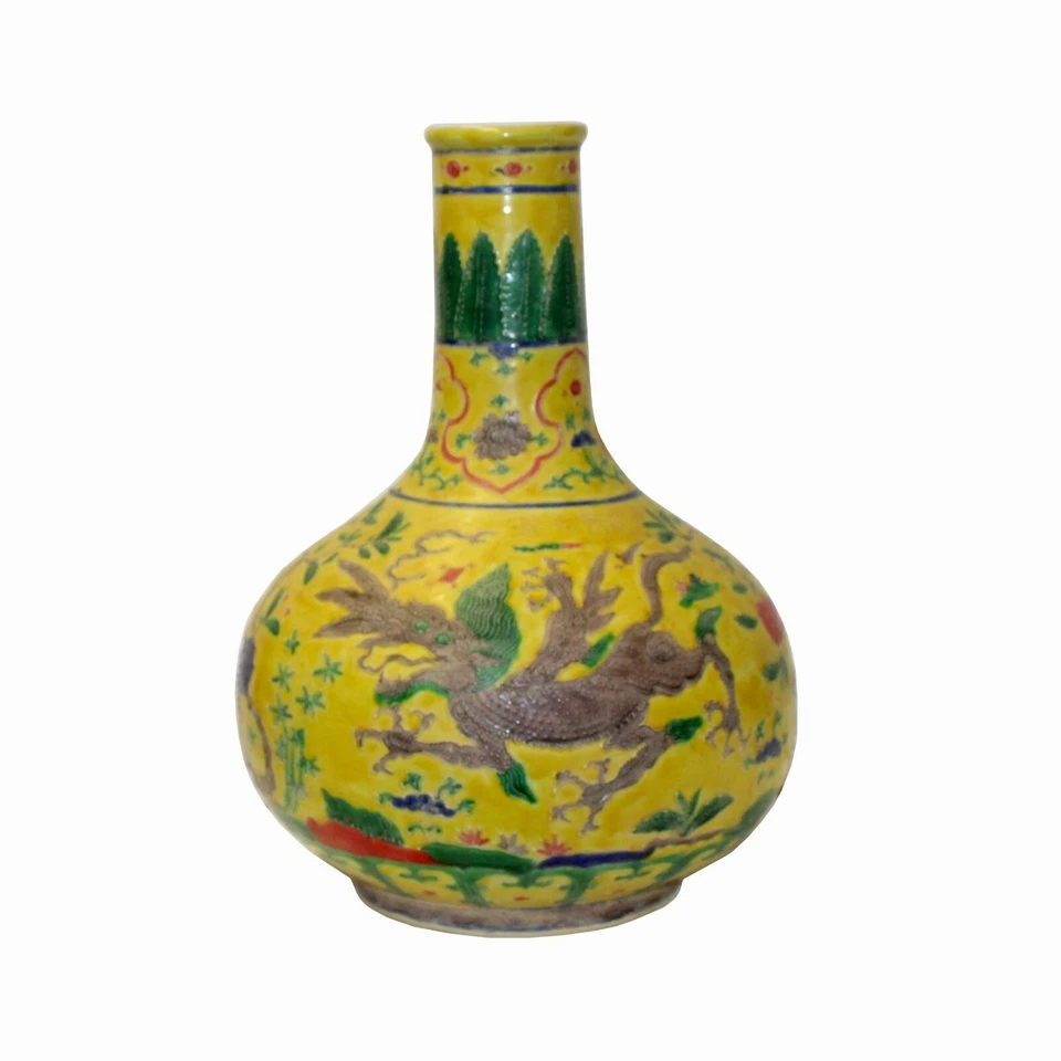 Jarrón hecho a mano de cerámica amarillo dimensional con motivo de flores Foo Dogs ws1066 Foto 4 de 4