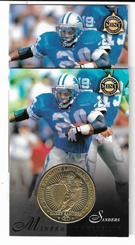 1997 PINNACLE MINT BARRY SANDERS BRASS COIN & CARD #27 LOT ~ RAREST ERROR 1/1 ?