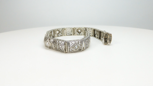 Antique 1920's Rose Diamond Filigree Bracelet 13KW Platinum 7.75" Long 8MM Width - Video 1 of 1