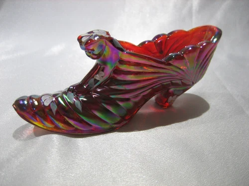 FENTON IRIDESCENT RED CARNIVAL GLASS M. OLMSTEAD CATS HEAD SLIPPER SHOE