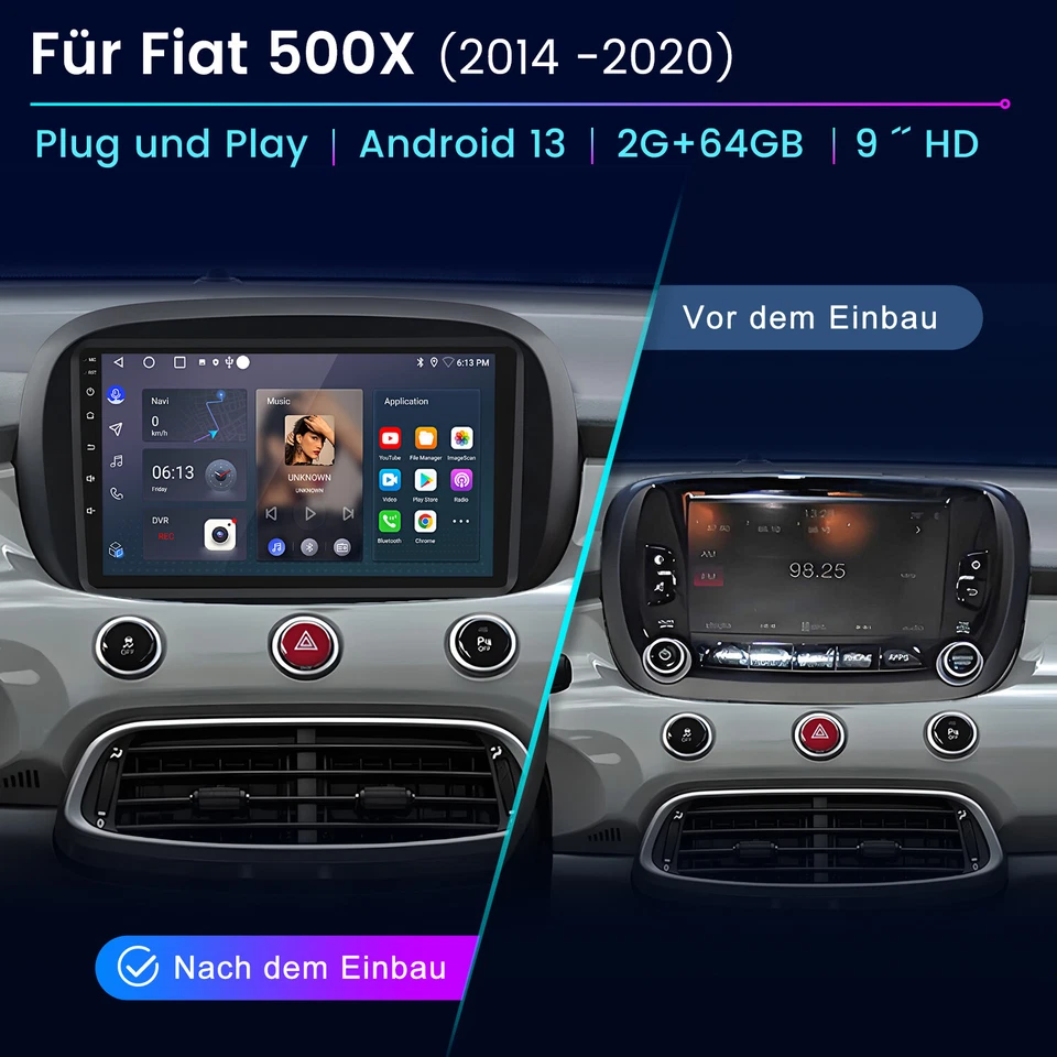 Für Fiat 500X 334 2014-2020 Carplay 2+64GB Autoradio GPS NAVI WIFI SAT Android13 - Bild 2 von 4