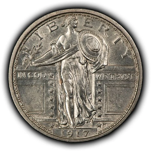 1917-D Ty-1 25c Standing Liberty Silver Quarter - Type 1 - AU/UNC - SKU-Y6377