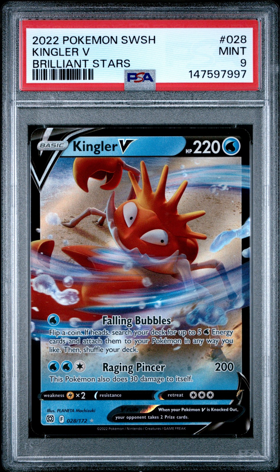 2022 POKEMON SWORD & SHIELD BRILLIANT STARS #028 KINGLER V PSA 9