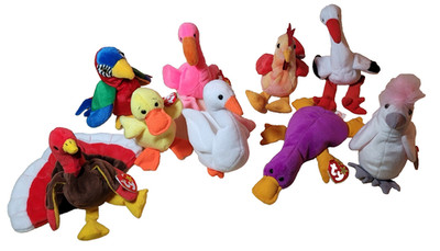 Ty Beanie Baby Bird Lot of 9, Plush Beanbag Collectible Birds, Gobbles, Jabber