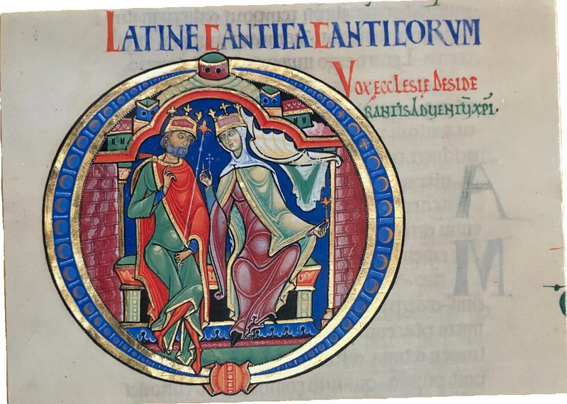 Postcard: Detail of Song of Songs, Solomon on his throne, Winchester, unposted