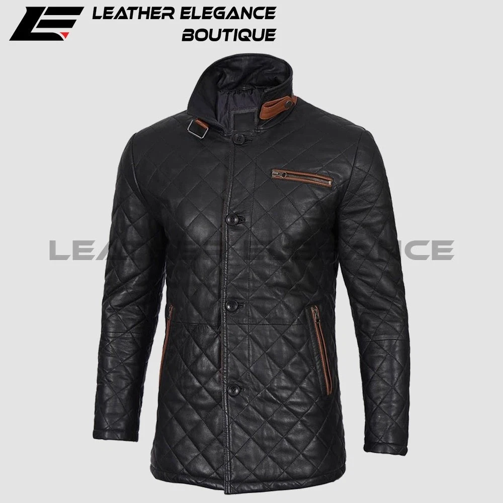 Men’s Black Quilted Leather Jacket Coat with Brown Trim – Stand Collar