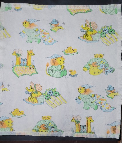 Vintage 70er Satin Trim Fleece Thermo Schlafen Tier Baby Print Decke 39x42 Zoll - Bild 10 von 10
