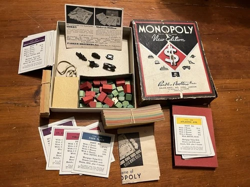 Vintage MONOPOLY Parker Brothers Board Game 1935 Original Box + Pieces No Board