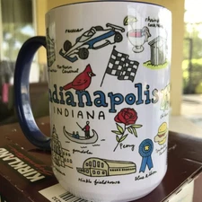 Indianapolis Souvenir Mug Featuring Iconic City Landmarks & Race Car Imagery