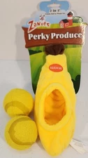 Zanies Perky Produce Yellow Banana Dog Toy Mini with Tennis Balls Sm