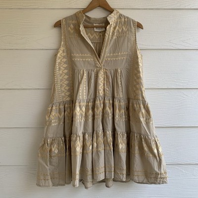 Aether Concept Dress Beige & Gold Embroidered Size Small Tiered Boho Sleeveless