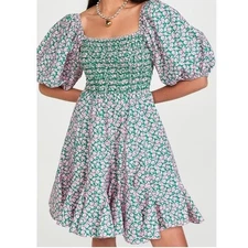 NEW $445 RHODE ASTRID SMOCKED MINI DRESS IN TAKE IT EASY MICRO PRINT SIZE L