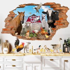 Farm Animals Wall Stickers 3D Broken Wall Decals Peel and Stick Farmhouse Wal...