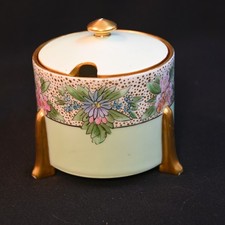 Thomas Bavaria Jam Condiment Jar w/Lid 1908-1922 Floral Sprays wGold Dots Green
