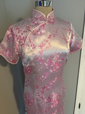 Chinese Qipao Cheongsam Dress Pink Cherry Blossom Satin Brocade Classic Sz 40/M