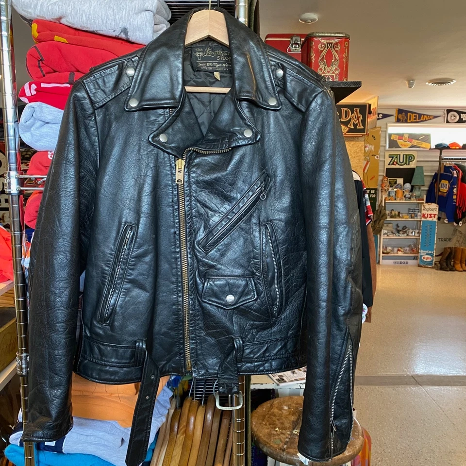 1970s Vintage SEARS ROEBUCK Leather Shop Retro Black Motorcycle Jacket Biker Foto 2 de 4