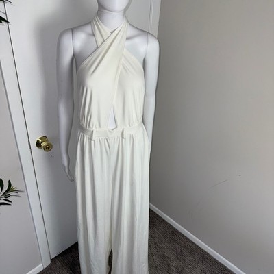 Micas White Halter Jumpsuit Wide Leg Criss Cross Backless Party Casual Size M