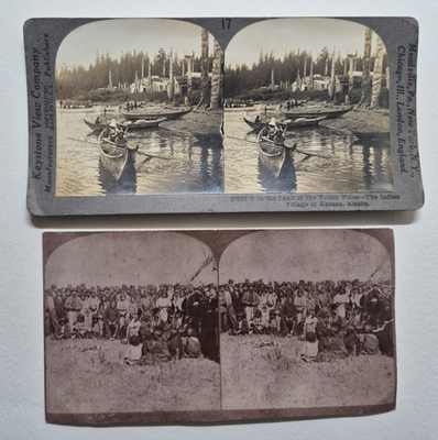 #ad Vintage Lot of 2 Stereoview Photos Totem Poles Indian Village amp; Sioux Indian $10.00