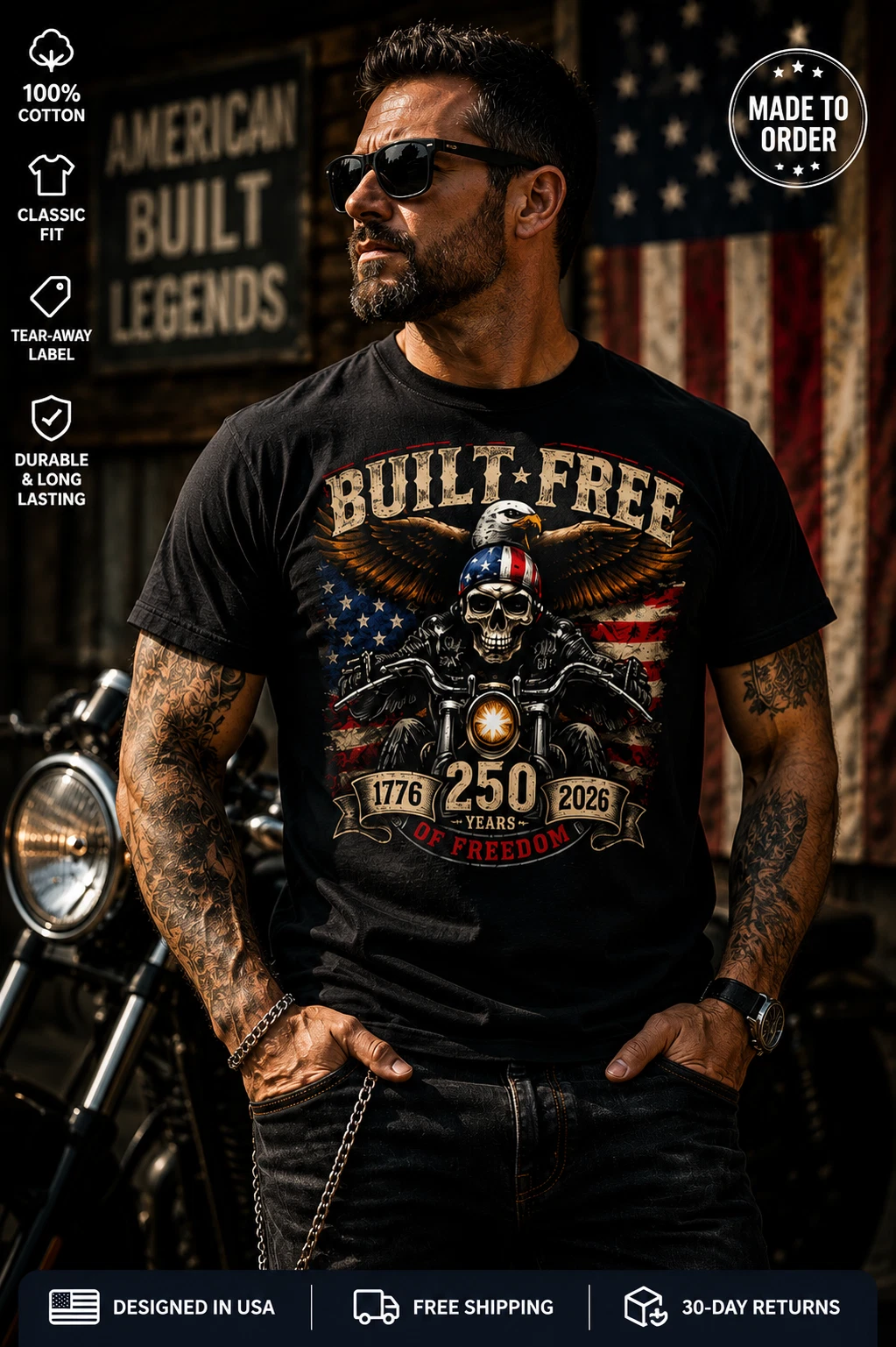 Patriotic Skull Biker T Shirt Built Free 1776 2026 American Flag Graphic Tee