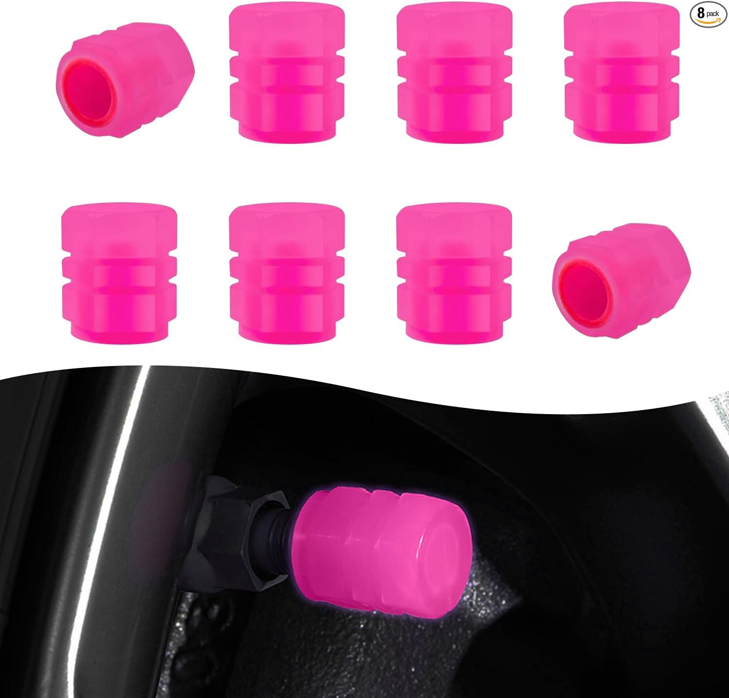 8 PCS Fluorescent Glow-in-the-Dark Tire Valve Stem Caps with Reflective Rubber R