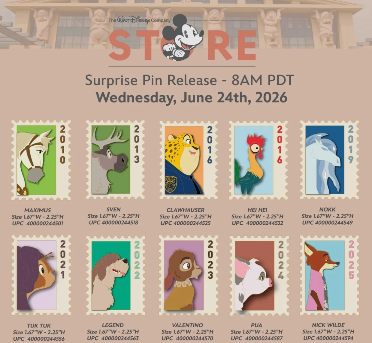 Disney DEC TWDC Commemorative Animal Stamps LE 300 Pins Full Set 6/26, Confirmed