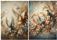 2 Sheets - A4 Rice Paper Decoupage - Golden Birds , Flowers, Vintage, Upcycling